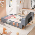 Vollgroßes Bodenbett, Massivholz-Plattformbett mit Schutzgeländern und Stauraum-Kopfteil, geeignet für Kinder und Jugendliche