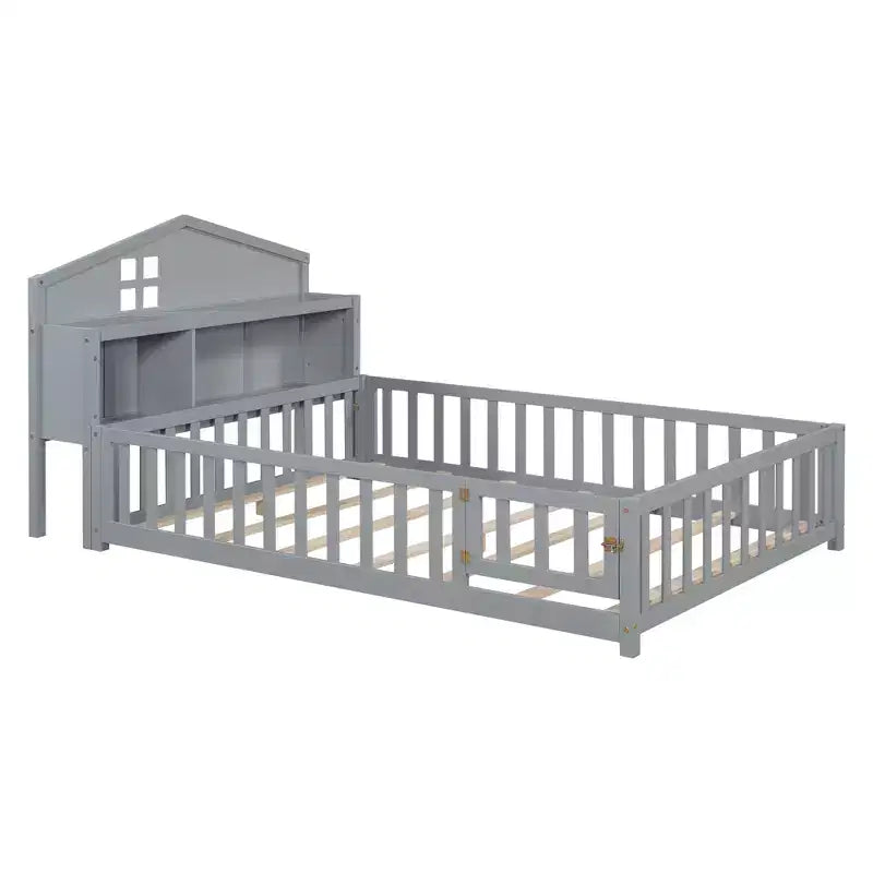 Vollgroßes Bodenbett, Massivholz-Plattformbett mit Schutzgeländern und Stauraum-Kopfteil, geeignet für Kinder und Jugendliche