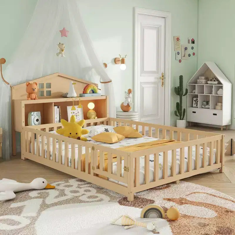 Full-size floor bed, solid wood platform bed, with guardrails and storage headboard, suitable for children and teenagers.