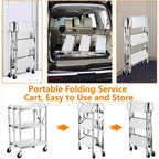 3 Tier Stainless Steel Utility Cart,Foldable Utility Service Cart with Wheels,Heavy Duty 300LBS Capacity Portable Rolling Carts for Kitchen Workshop