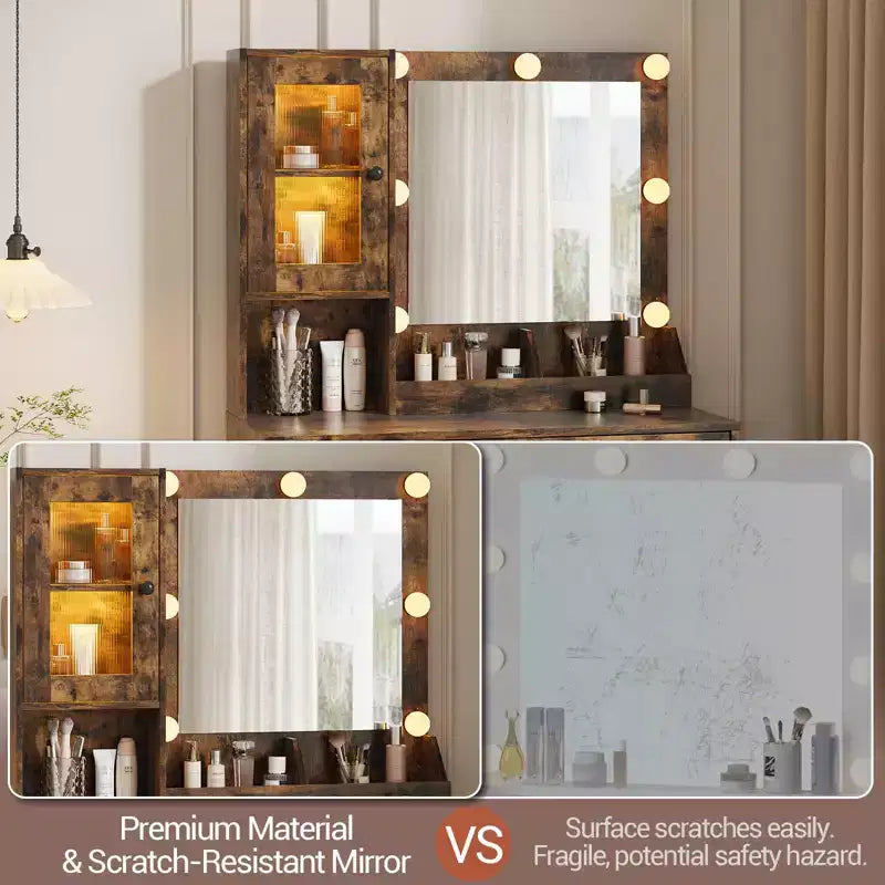 Make-up Schminktisch mit Spiegel und Beleuchtung, Schminktisch mit Ladestation, Holzfrisiertisch für Mädchen-Schlafzimmer