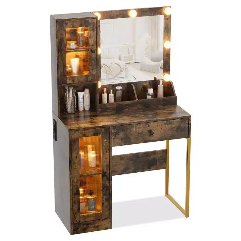Make-up Schminktisch mit Spiegel und Beleuchtung, Schminktisch mit Ladestation, Holzfrisiertisch für Mädchen-Schlafzimmer