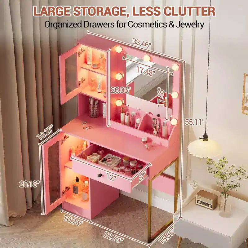 Make-up Schminktisch mit Spiegel und Beleuchtung, Schminktisch mit Ladestation, Holzfrisiertisch für Mädchen-Schlafzimmer