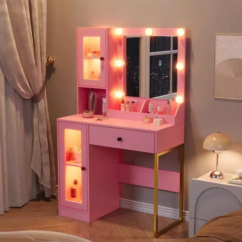 Make-up Schminktisch mit Spiegel und Beleuchtung, Schminktisch mit Ladestation, Holzfrisiertisch für Mädchen-Schlafzimmer
