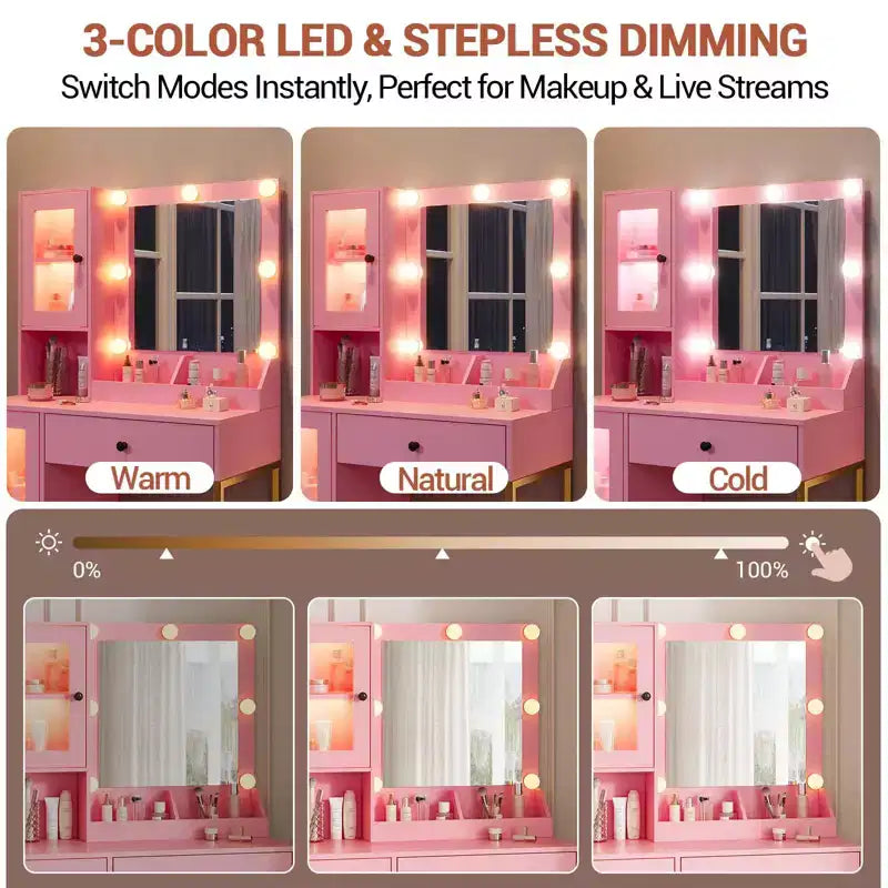Make-up Schminktisch mit Spiegel und Beleuchtung, Schminktisch mit Ladestation, Holzfrisiertisch für Mädchen-Schlafzimmer