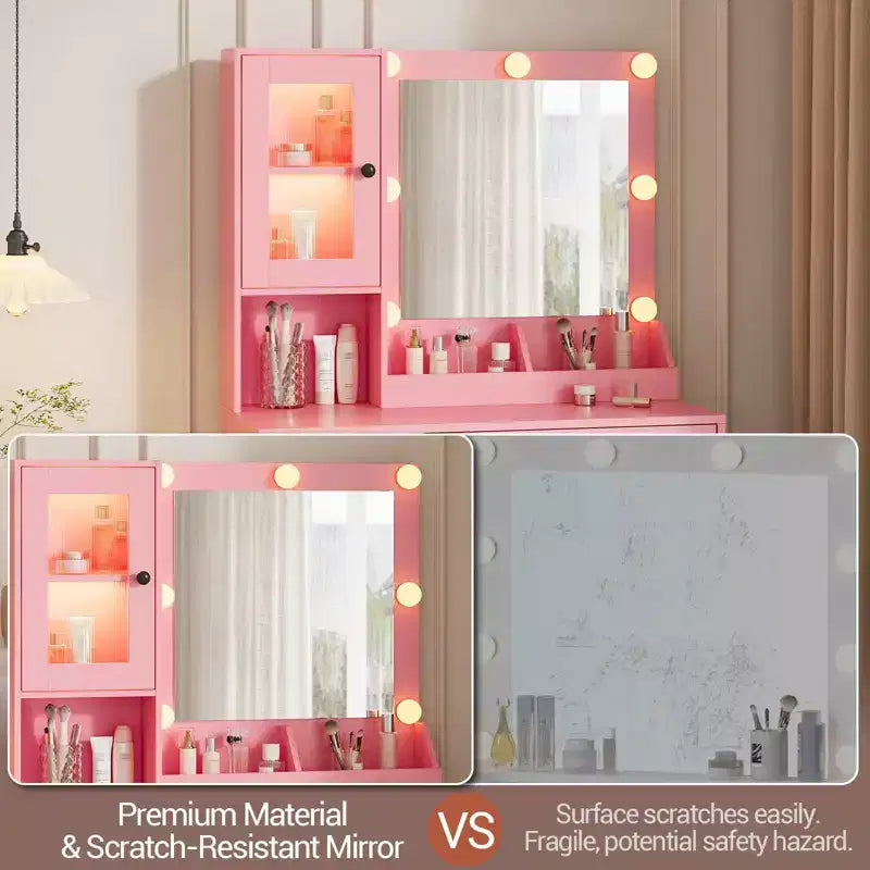 Make-up Schminktisch mit Spiegel und Beleuchtung, Schminktisch mit Ladestation, Holzfrisiertisch für Mädchen-Schlafzimmer