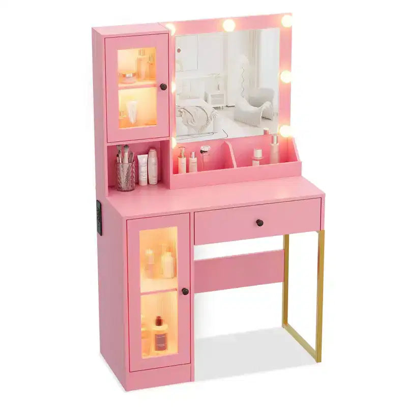Make-up Schminktisch mit Spiegel und Beleuchtung, Schminktisch mit Ladestation, Holzfrisiertisch für Mädchen-Schlafzimmer