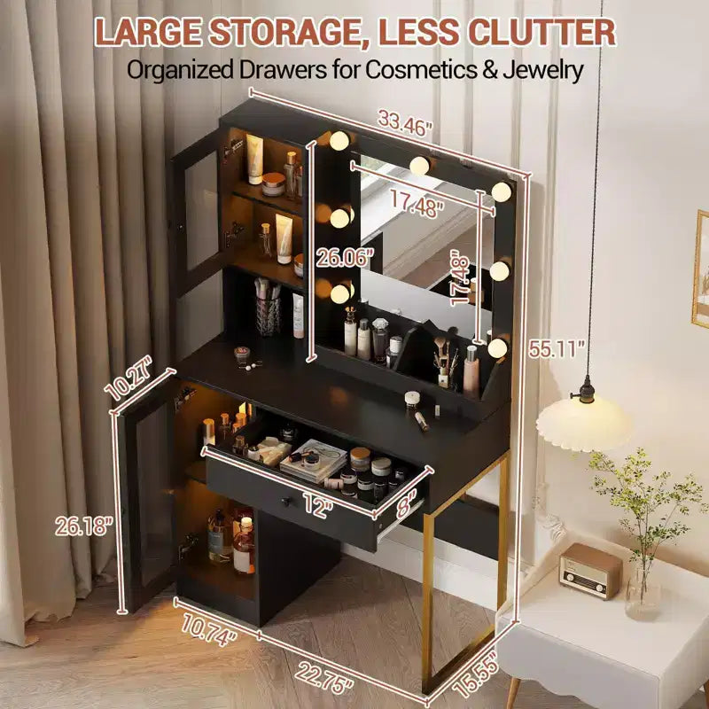 Make-up Schminktisch mit Spiegel und Beleuchtung, Schminktisch mit Ladestation, Holzfrisiertisch für Mädchen-Schlafzimmer