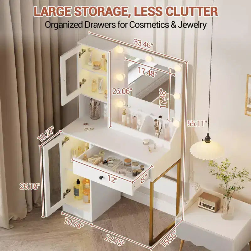 Make-up Schminktisch mit Spiegel und Beleuchtung, Schminktisch mit Ladestation, Holzfrisiertisch für Mädchen-Schlafzimmer