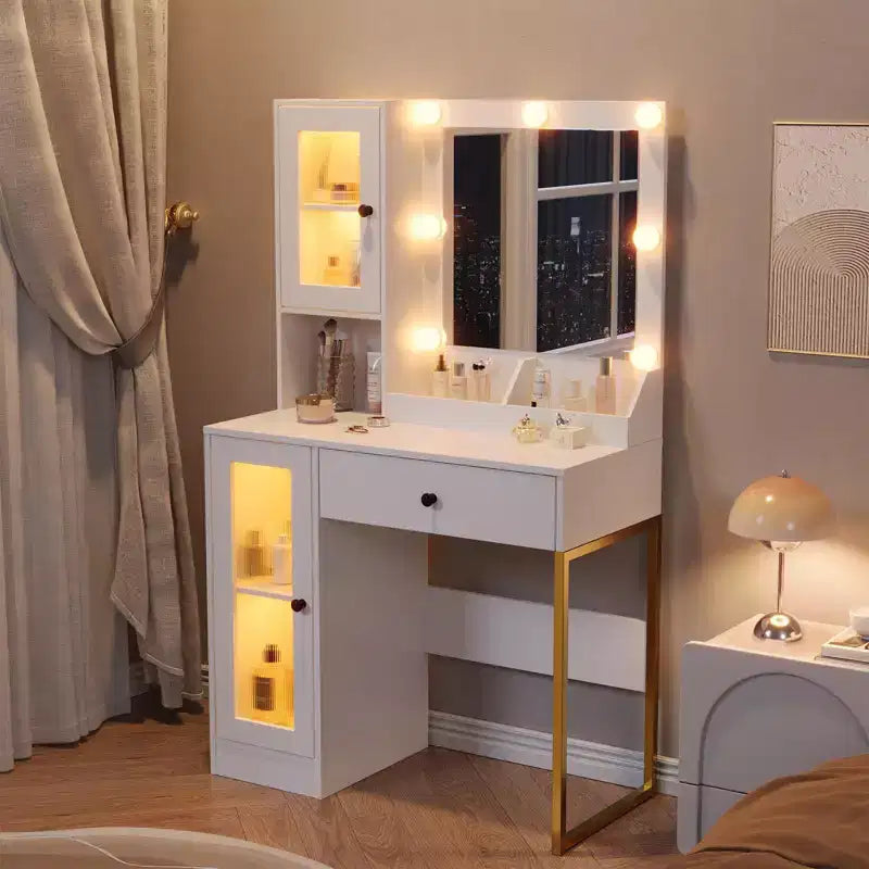 Make-up Schminktisch mit Spiegel und Beleuchtung, Schminktisch mit Ladestation, Holzfrisiertisch für Mädchen-Schlafzimmer