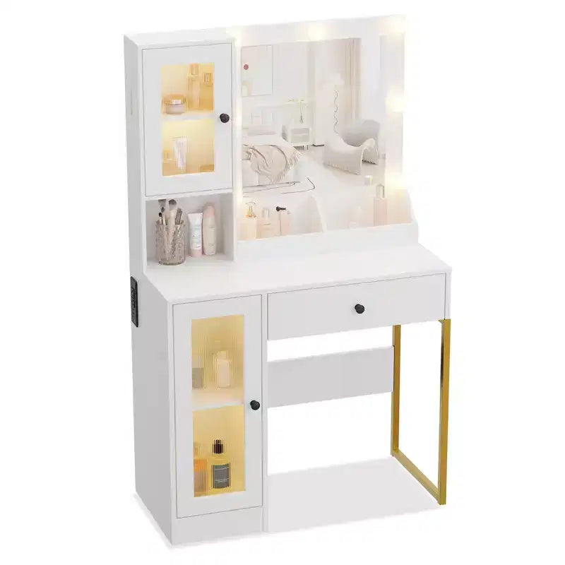 Make-up Schminktisch mit Spiegel und Beleuchtung, Schminktisch mit Ladestation, Holzfrisiertisch für Mädchen-Schlafzimmer