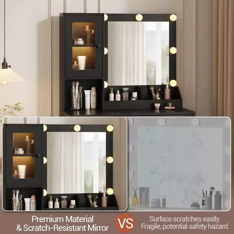 Make-up Schminktisch mit Spiegel und Beleuchtung, Schminktisch mit Ladestation, Holzfrisiertisch für Mädchen-Schlafzimmer