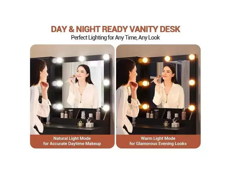 Make-up Schminktisch mit Spiegel und Beleuchtung, Schminktisch mit Ladestation, Holzfrisiertisch für Mädchen-Schlafzimmer