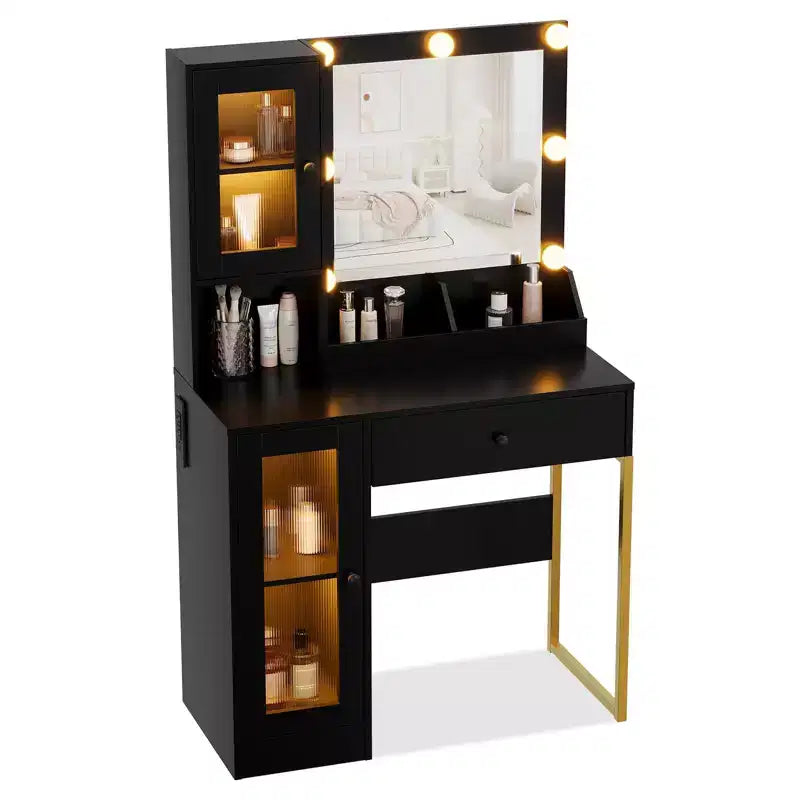Make-up Schminktisch mit Spiegel und Beleuchtung, Schminktisch mit Ladestation, Holzfrisiertisch für Mädchen-Schlafzimmer
