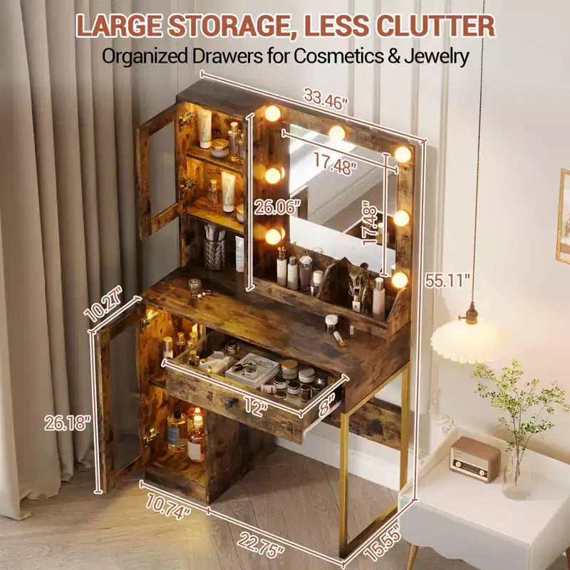 Make-up Schminktisch mit Spiegel und Beleuchtung, Schminktisch mit Ladestation, Holzfrisiertisch für Mädchen-Schlafzimmer