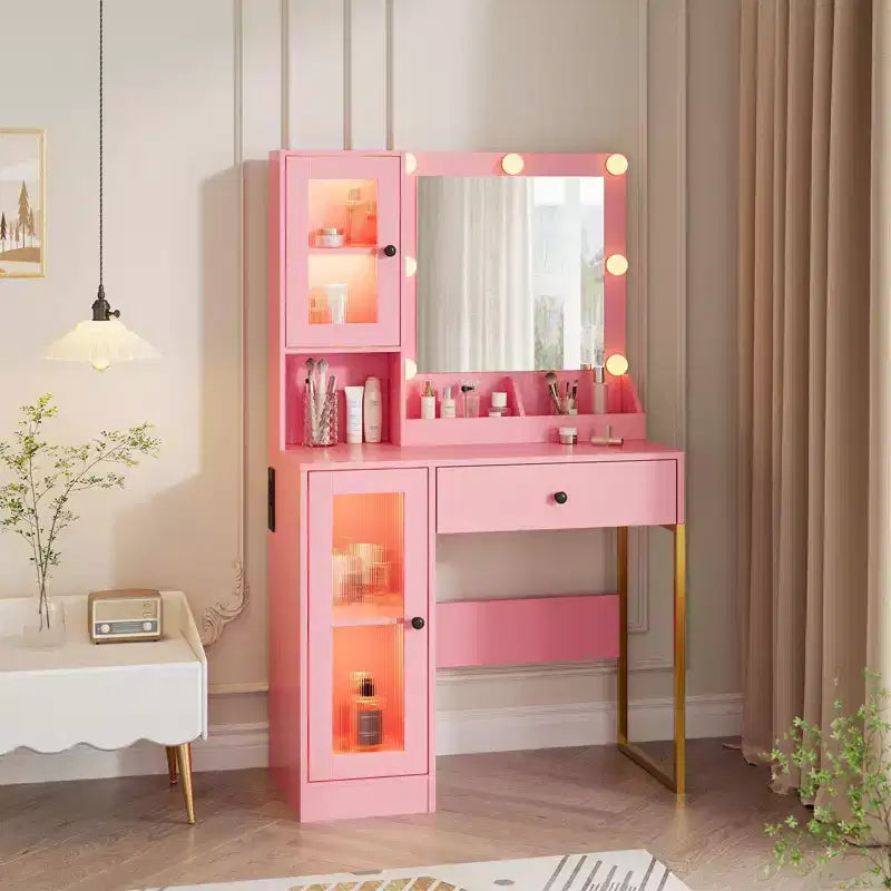 Makeup Vanity Desk with Mirror and Lights, Vanity Table with Charging Station, Wood Dressing Table for Bedroom for Girls