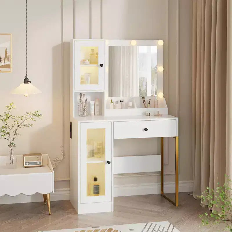 Makeup Vanity Desk with Mirror and Lights, Vanity Table with Charging Station, Wood Dressing Table for Bedroom for Girls