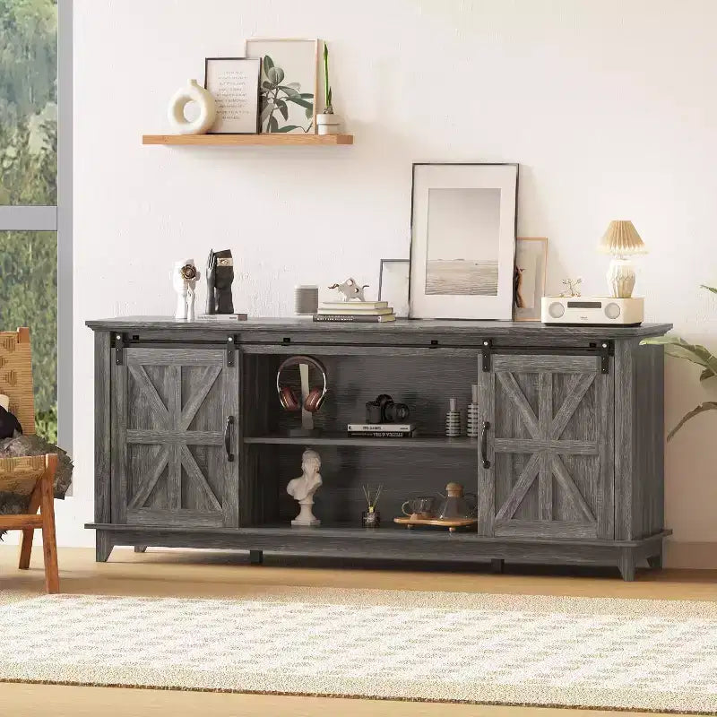 70-Inch Farmhouse TV Stand with Cross Barn Doors, Entertainment Center for Living Room