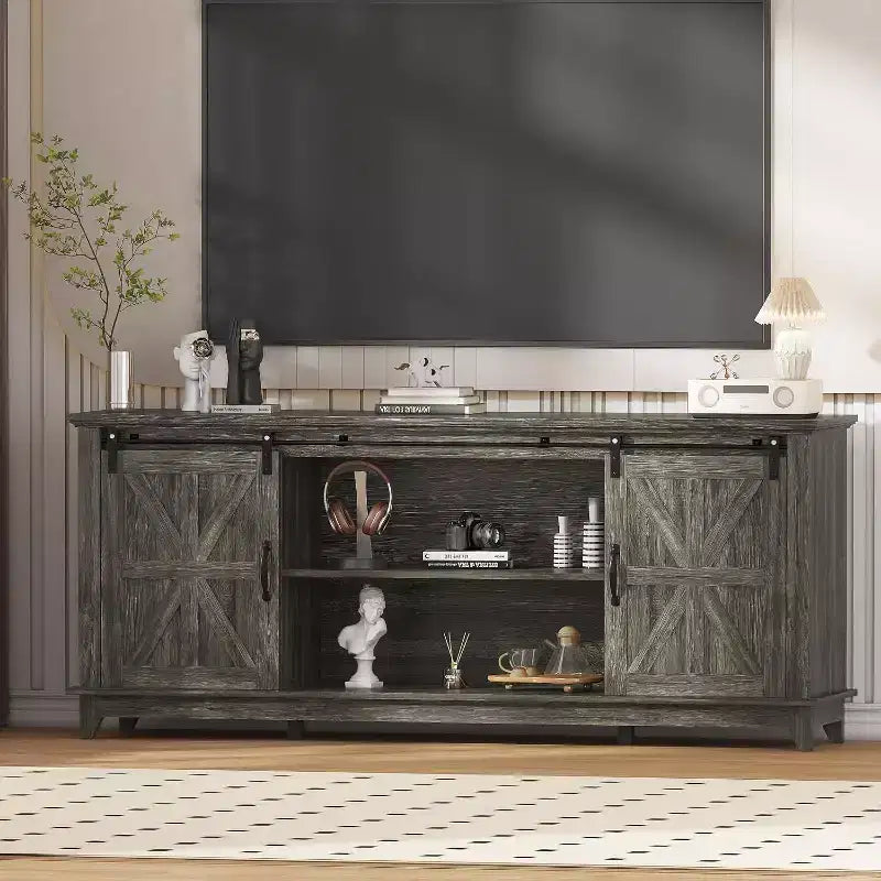 70-Inch Farmhouse TV Stand with Cross Barn Doors, Entertainment Center for Living Room