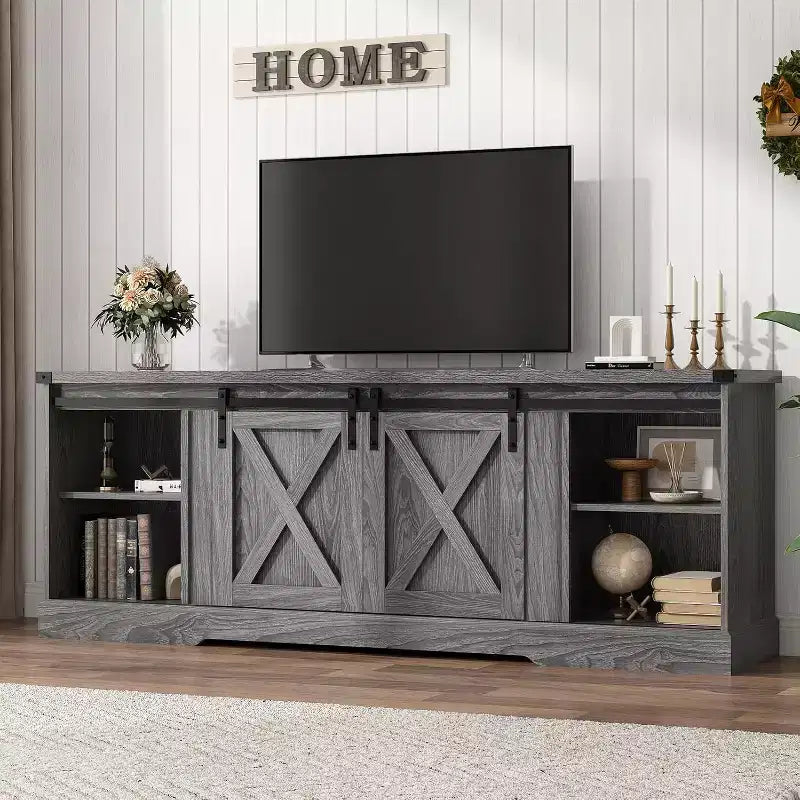 70-Inch Farmhouse TV Stand with Cross Barn Doors, Entertainment Center for Living Room