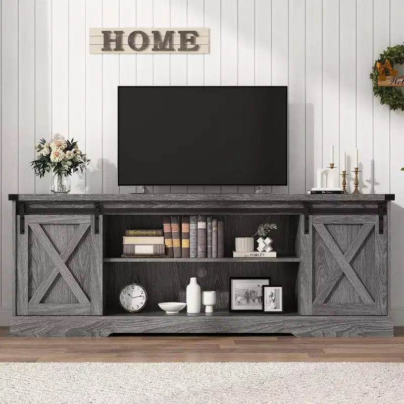 70-Inch Farmhouse TV Stand with Cross Barn Doors, Entertainment Center for Living Room