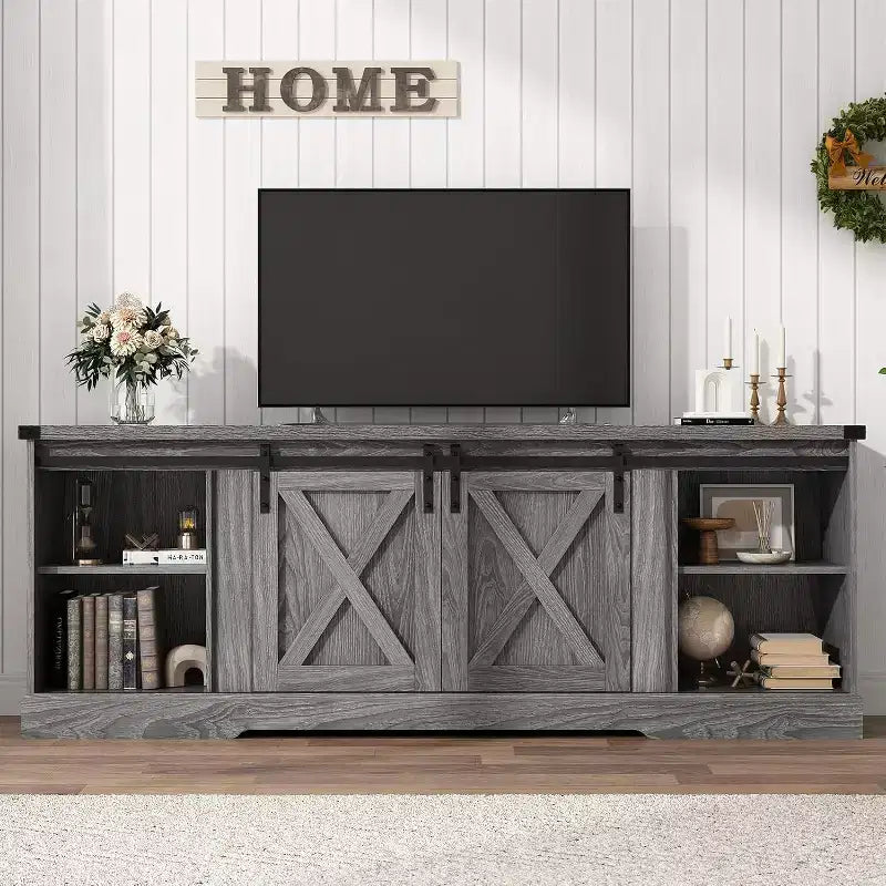 70-Inch Farmhouse TV Stand with Cross Barn Doors, Entertainment Center for Living Room