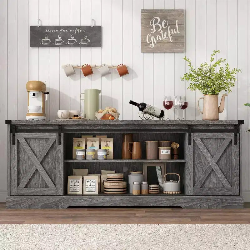 70-Inch Farmhouse TV Stand with Cross Barn Doors, Entertainment Center for Living Room
