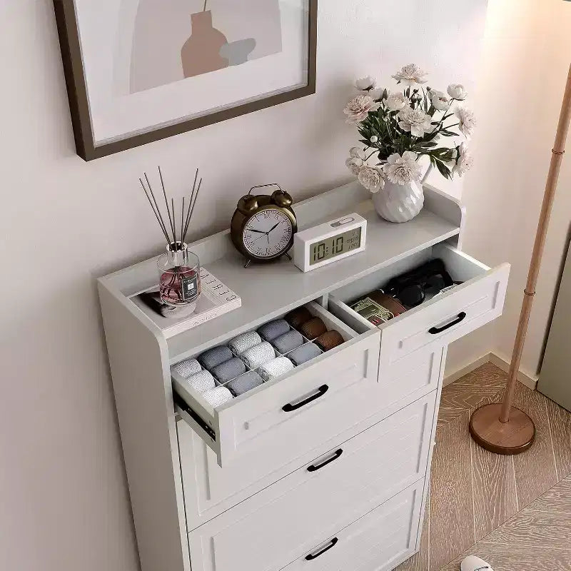 Mobile porta scarpe con 3 cassetti a ribalta e 2 cassetti, armadietto nascosto in legno per ingresso, organizer scarpe indipendente, scarpiera stretta