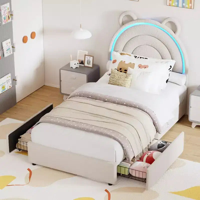Upholstered Platform Bed w/ Storage Drawers & Decorative Headboard, Sturdy Wood Slat Support, No Box Spring Needed, Easy Assembly
