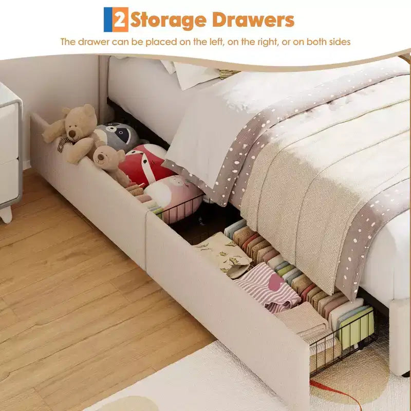 Letto a piattaforma imbottito con cassetti portaoggetti e testiera decorativa, supporto robusto a doghe in legno, non necessita di rete a molle, facile da montare