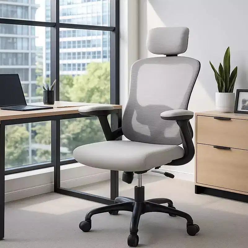 Premium Ergonomic High-Grey Mesh Office Chair - Adjustable Headrest & Reclining Backrest, 360 Swivel - Silent Casters, Skin-Friendly & Durable