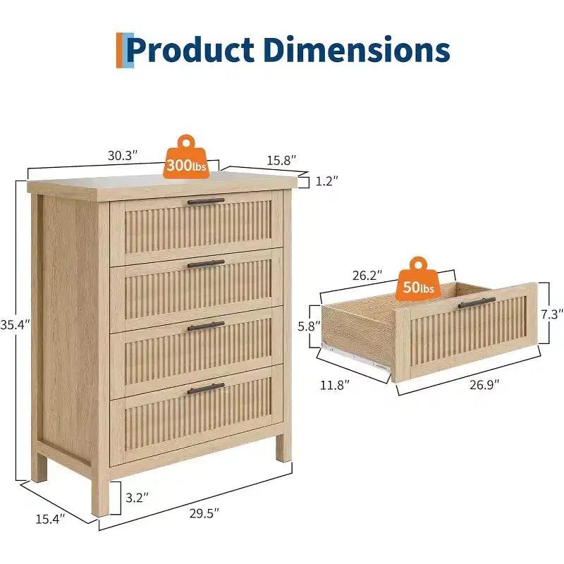 Cassettiera scanalata per camera da letto, cassettiera alta 35,4'' con 4 cassetti portaoggetti, moderno armadio organizzatore di abiti in legno per soggiorno, camera da letto, ingresso