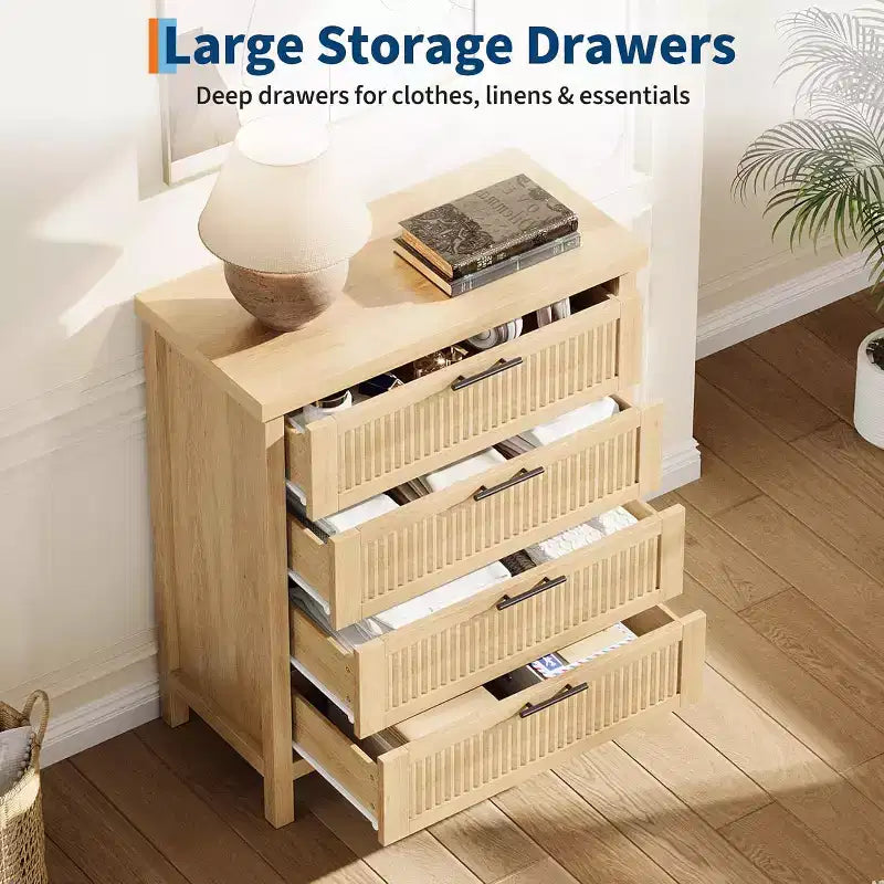 Cassettiera scanalata per camera da letto, cassettiera alta 35,4'' con 4 cassetti portaoggetti, moderno armadio organizzatore di abiti in legno per soggiorno, camera da letto, ingresso