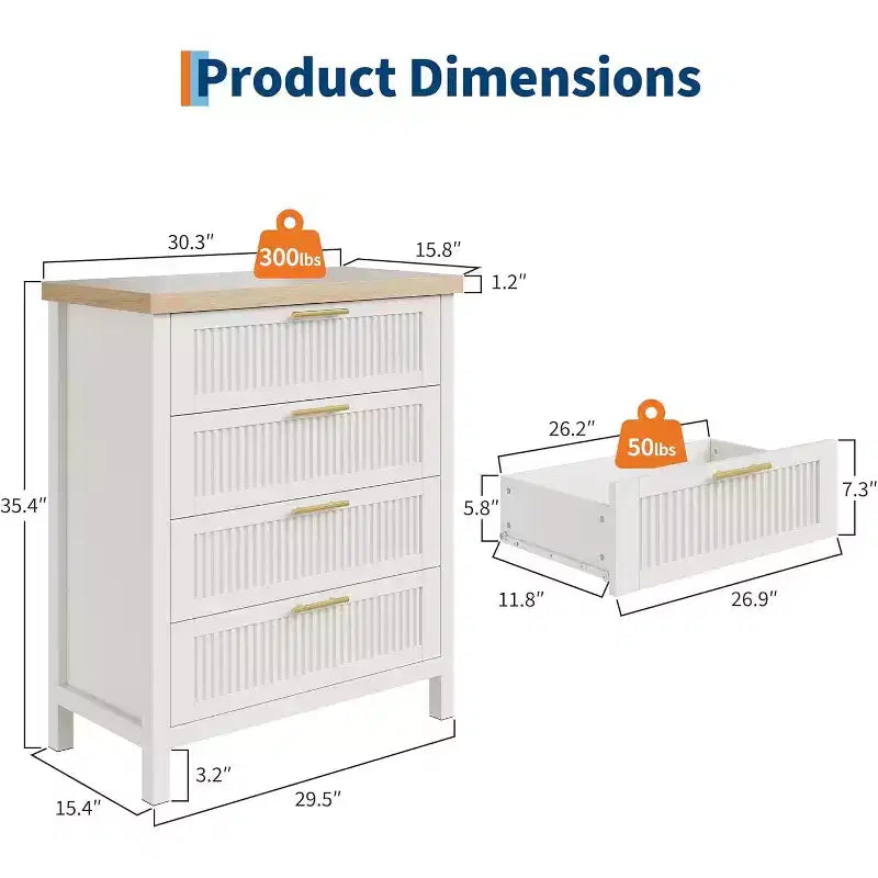 Cassettiera scanalata per camera da letto, cassettiera alta 35,4'' con 4 cassetti portaoggetti, moderno armadio organizzatore di abiti in legno per soggiorno, camera da letto, ingresso