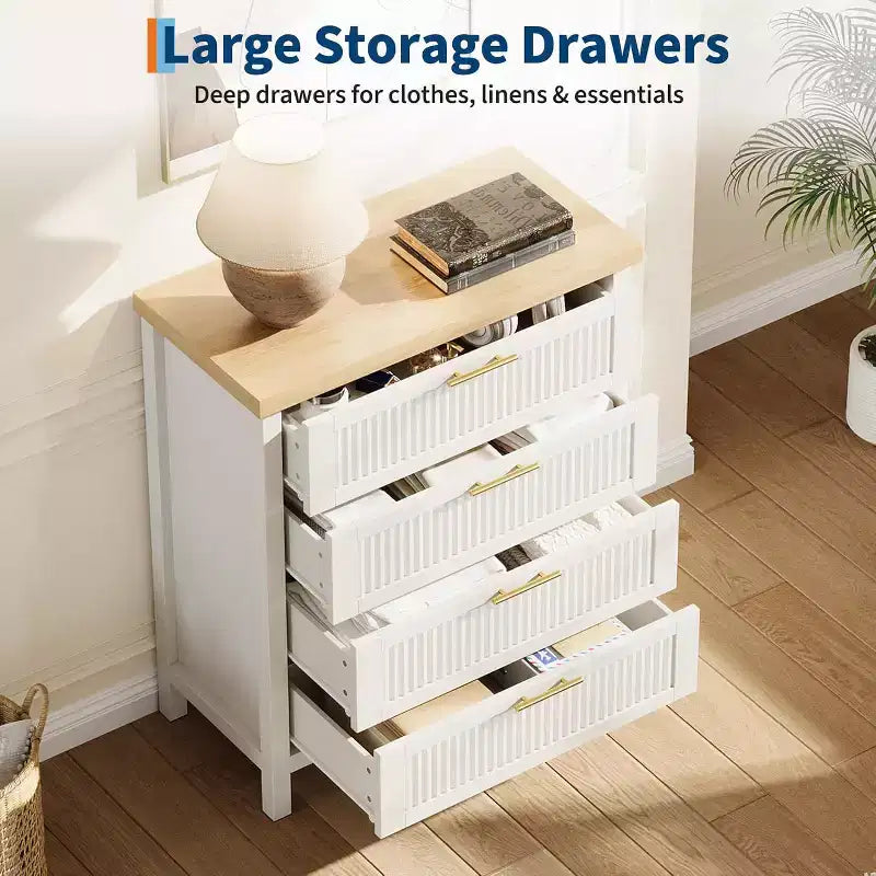 Cassettiera scanalata per camera da letto, cassettiera alta 35,4'' con 4 cassetti portaoggetti, moderno armadio organizzatore di abiti in legno per soggiorno, camera da letto, ingresso
