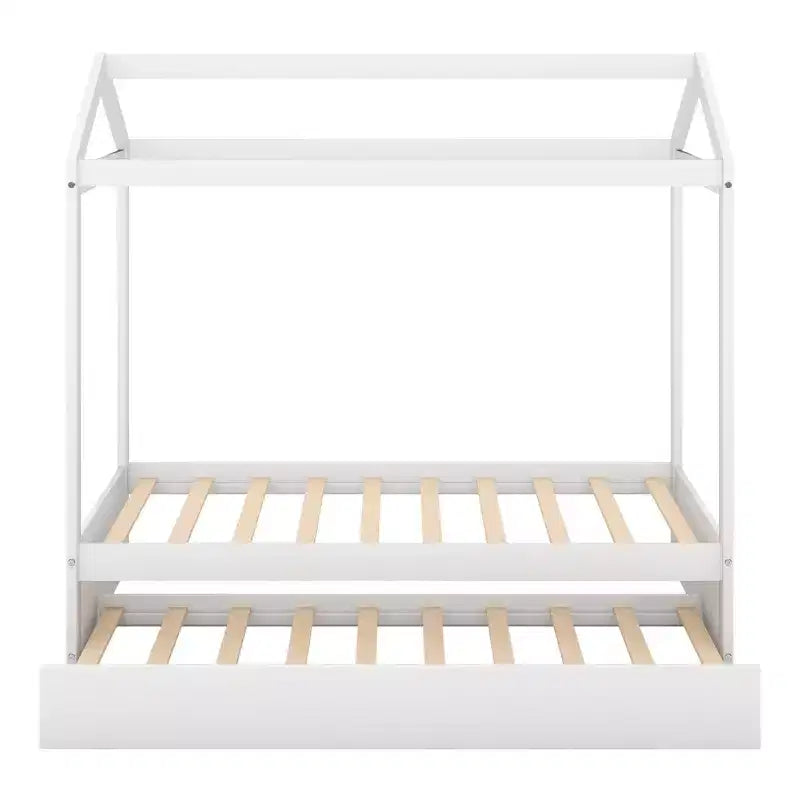 Twin Size Wood House Bed with Trundle, White