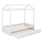 Twin Size Wood House Bed with Trundle, White
