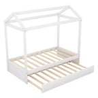 Twin Size Wood House Bed with Trundle, White