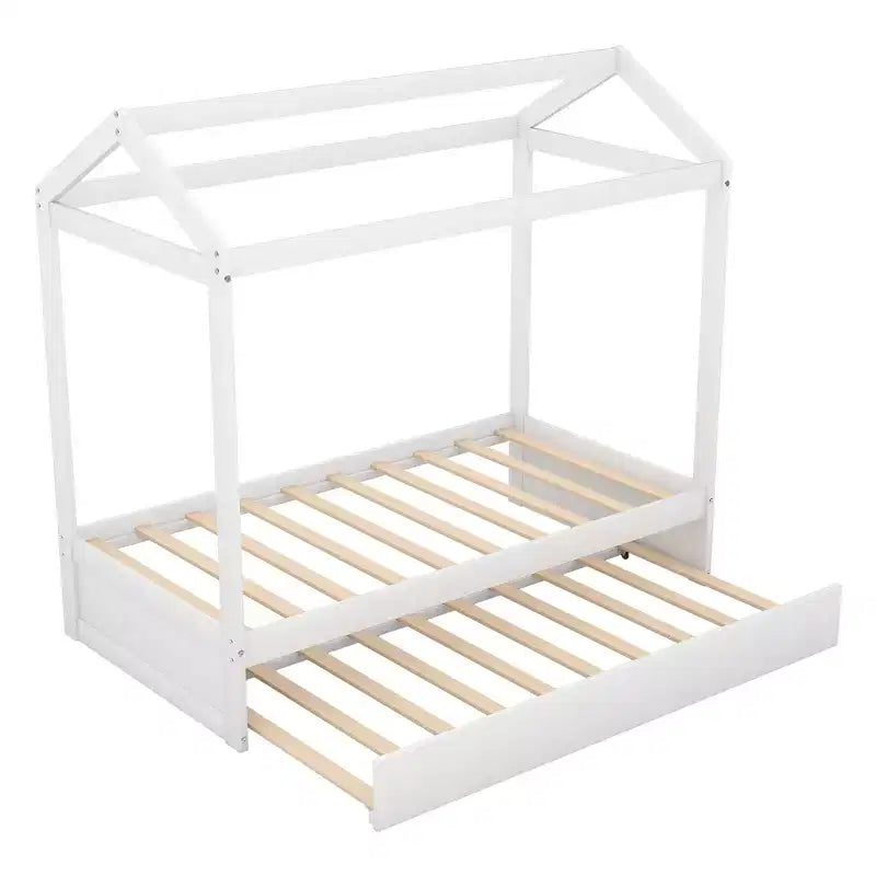 Twin Size Wood House Bed with Trundle, White