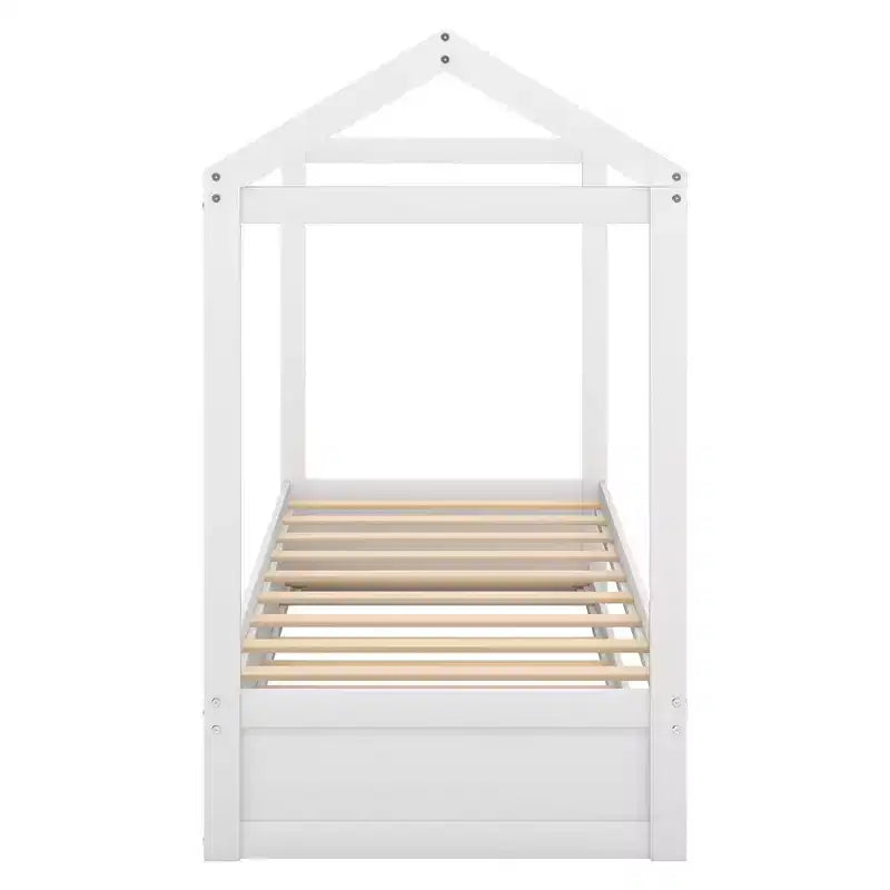 Twin Size Wood House Bed with Trundle, White
