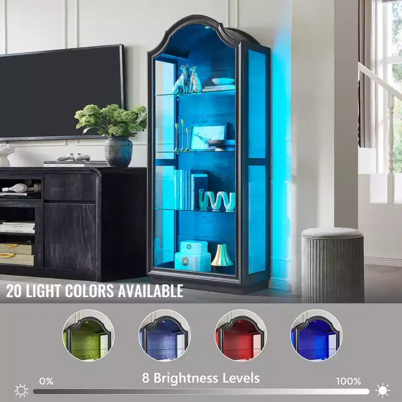 72 Bogenförmiger Küchenschrank, 4-stufiger Glasvitrinenschrank mit 20 Farb-LED-Leuchten, moderner Vitrinenschrank für Wohnzimmer