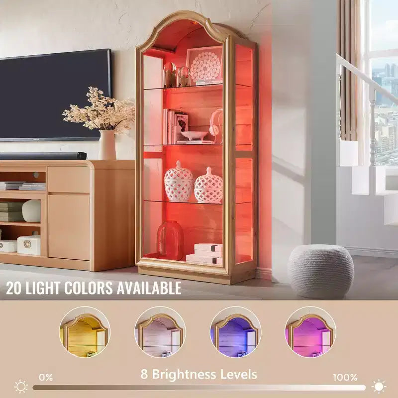 72 Bogenförmiger Küchenschrank, 4-stufiger Glasvitrinenschrank mit 20 Farb-LED-Leuchten, moderner Vitrinenschrank für Wohnzimmer