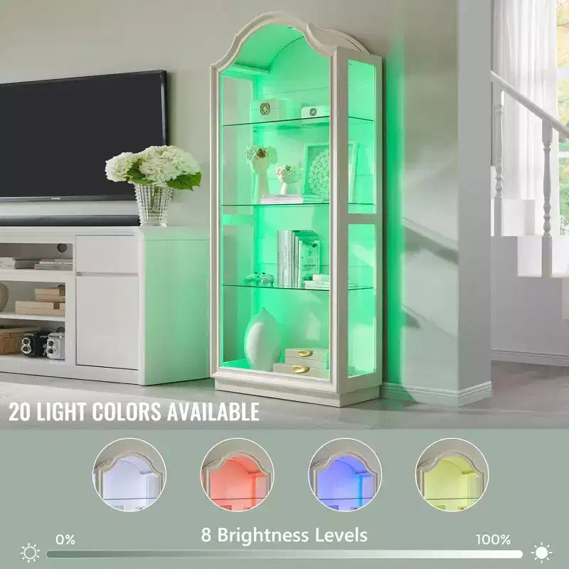 72 Bogenförmiger Küchenschrank, 4-stufiger Glasvitrinenschrank mit 20 Farb-LED-Leuchten, moderner Vitrinenschrank für Wohnzimmer