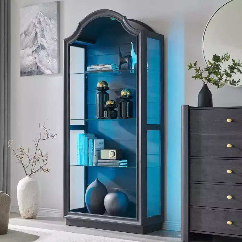 72 Arched Kitchen Pantry, 4-Tier Glass Display Cabinet with 20 Color LED Lights, Modern Display Case Shelf for Living Room