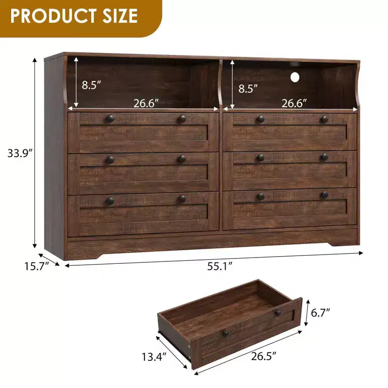 Holzkommode, 55 breit, 6 Schubladen, perfekt zur Organisation von Schlafzimmer, Wohnzimmer, Kleiderschrank und Flur