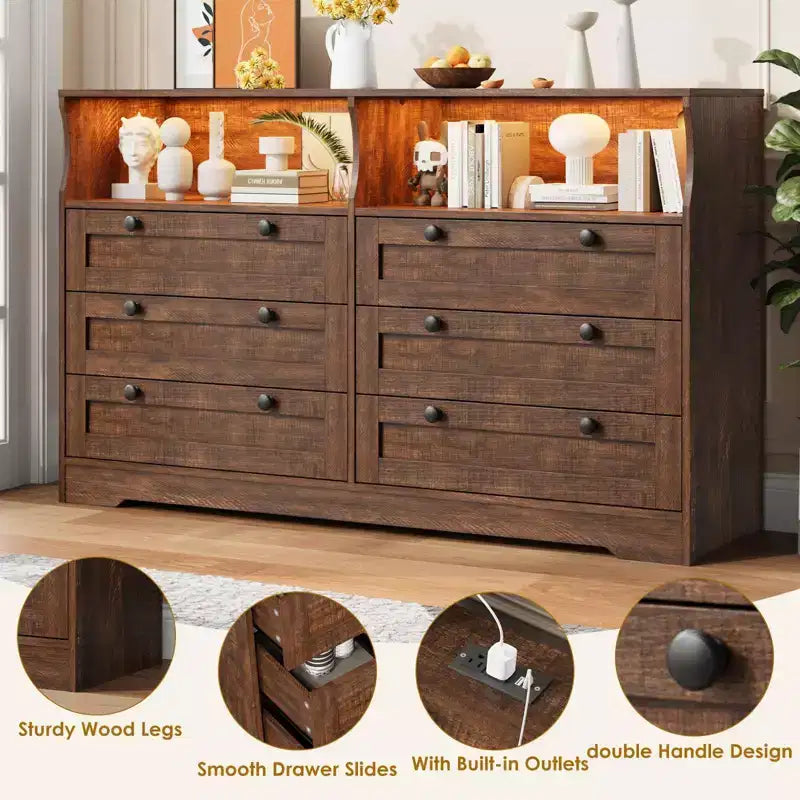 Holzkommode, 55 breit, 6 Schubladen, perfekt zur Organisation von Schlafzimmer, Wohnzimmer, Kleiderschrank und Flur