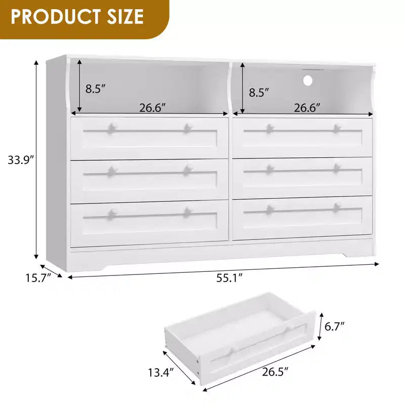 Holzkommode, 55 breit, 6 Schubladen, perfekt zur Organisation von Schlafzimmer, Wohnzimmer, Kleiderschrank und Flur