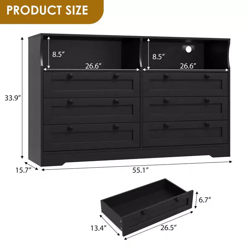 Holzkommode, 55 breit, 6 Schubladen, perfekt zur Organisation von Schlafzimmer, Wohnzimmer, Kleiderschrank und Flur