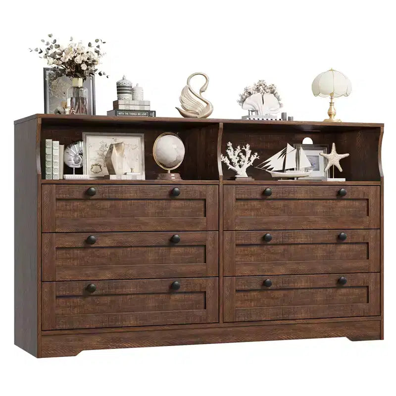 Wood Dresser, 55 Wide 6 Drawer Chest, Perfect for Organizing Bedroom, Living Room, Closet, and Hallway