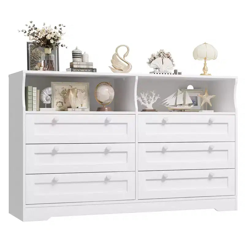 Wood Dresser, 55 Wide 6 Drawer Chest, Perfect for Organizing Bedroom, Living Room, Closet, and Hallway